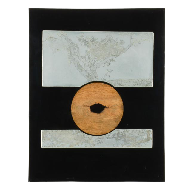 Collaged Steel Intaglio Plates and Faux Wood Veneer on Black Acrylic Substrate