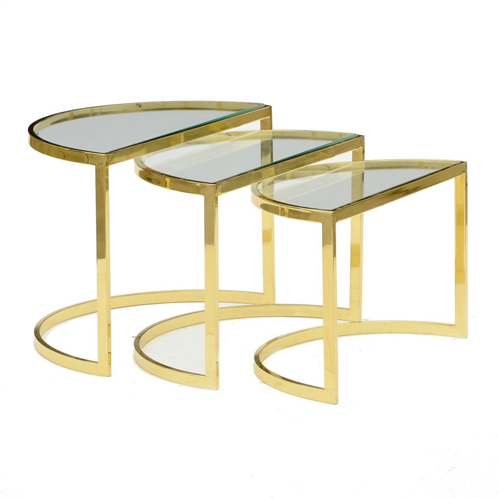 Set of Three Brass and Glass Nesting Tables