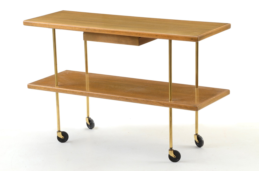 Harvey Probber Mahogany and Brass Rolling Console Table