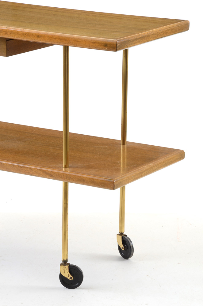 Harvey Probber Mahogany and Brass Rolling Console Table