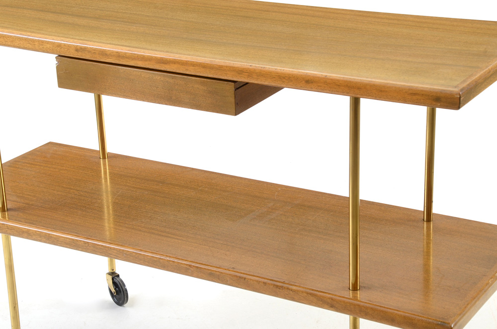Harvey Probber Mahogany and Brass Rolling Console Table