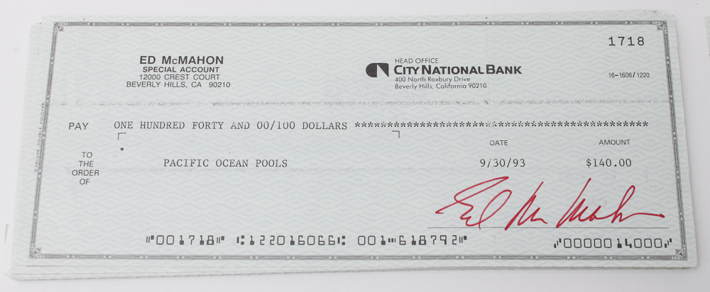Collection of Ed McMahon's Signed Checks