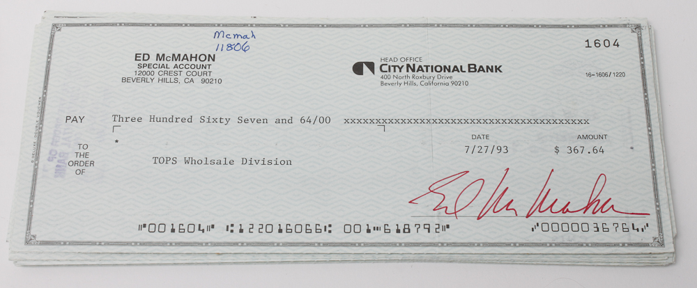 Collection of Ed McMahon's Signed Checks