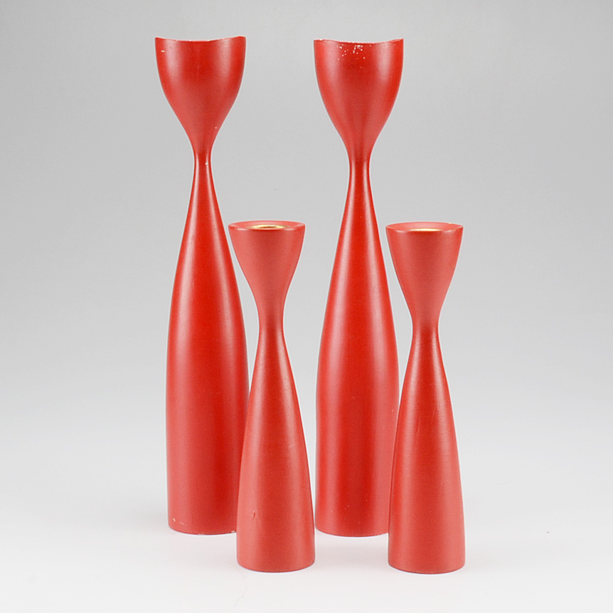 Set of Four Red Polychromed Danish Candle Holders