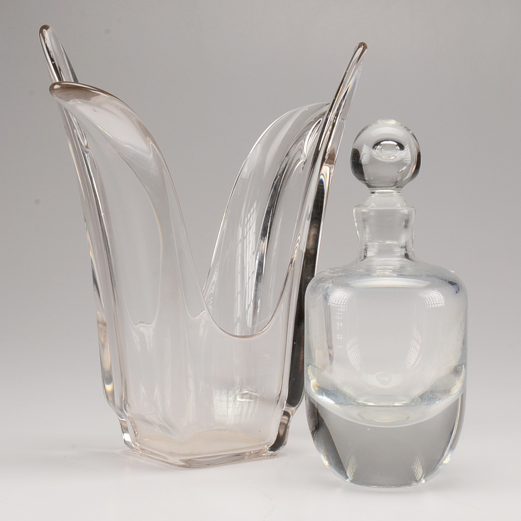 Clear Blown Crystal Vase and Decanter