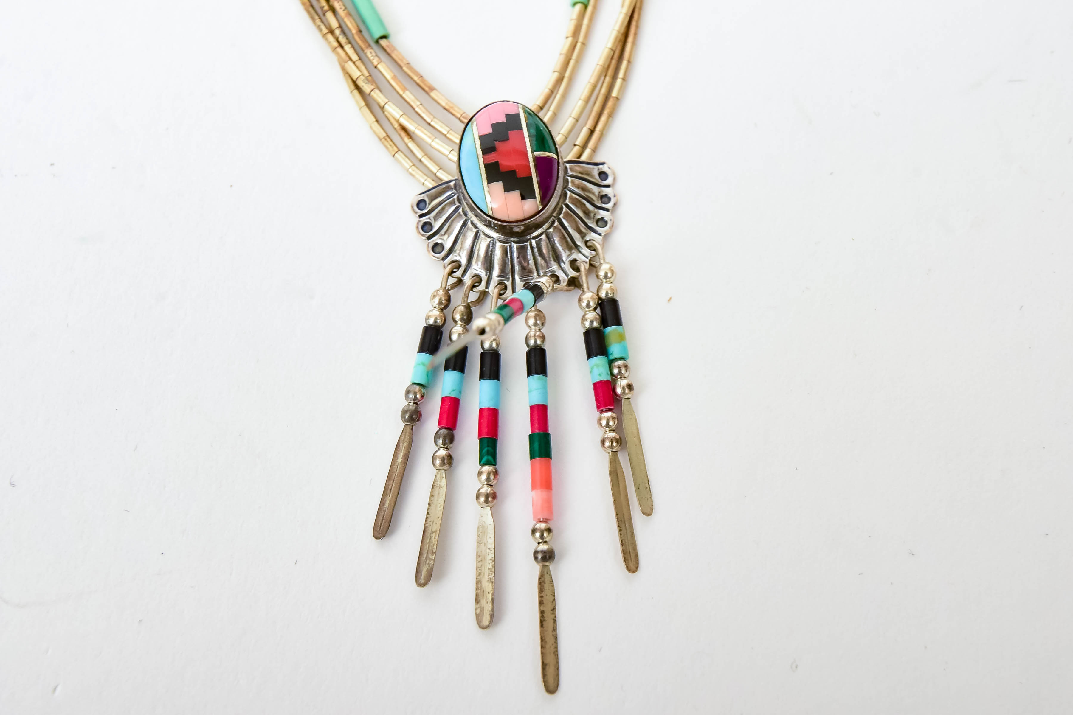 Sterling Silver Beaded Necklace with Inlaid Pendant