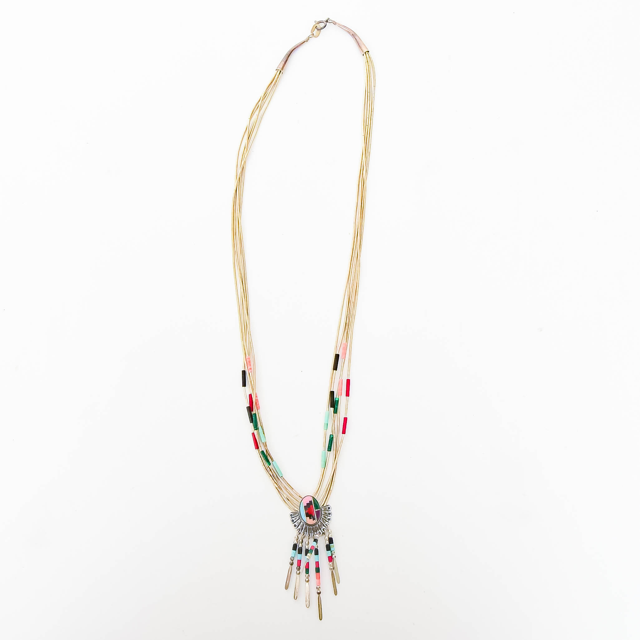 Sterling Silver Beaded Necklace with Inlaid Pendant