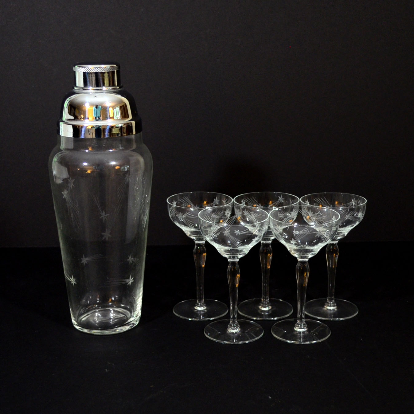 Etched Glass Martini Mixer and Coupe Glasses