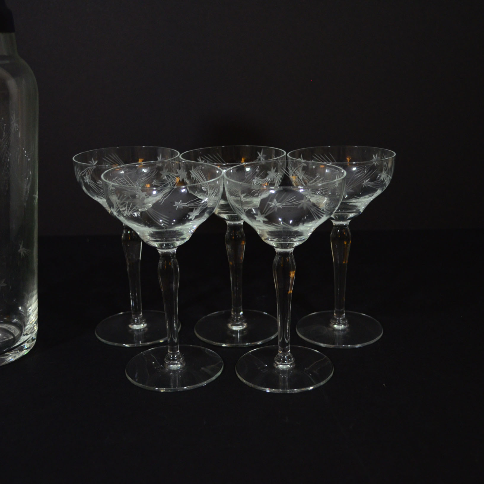 Etched Glass Martini Mixer and Coupe Glasses