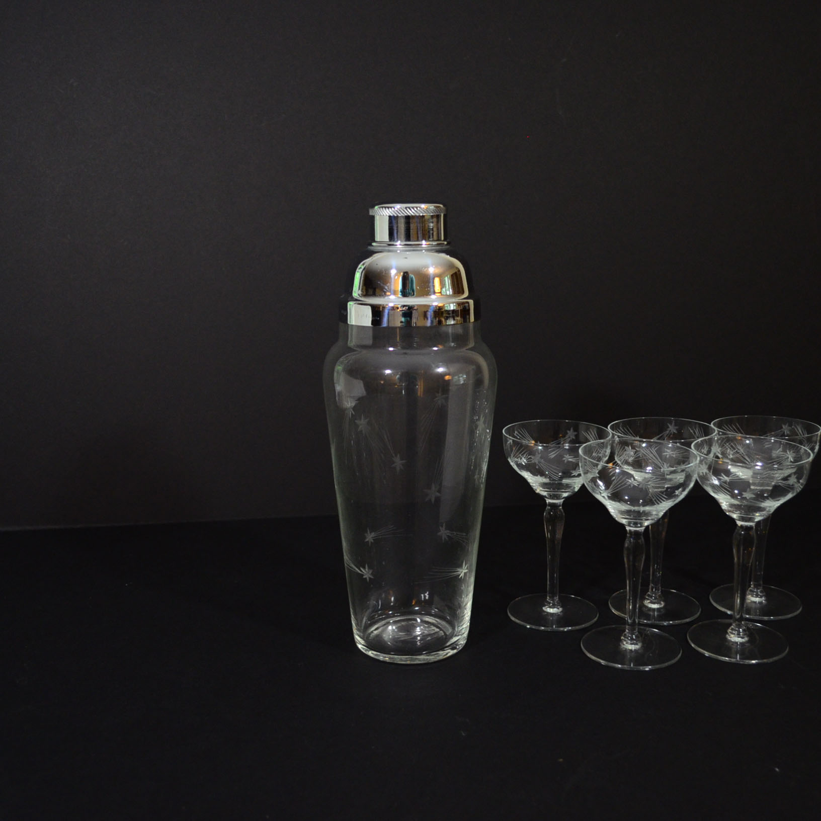 Etched Glass Martini Mixer and Coupe Glasses