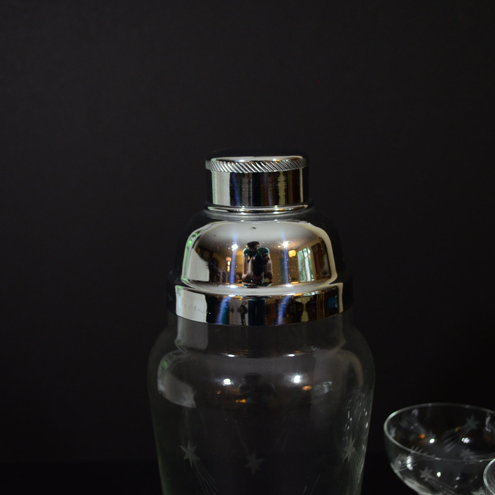 Etched Glass Martini Mixer and Coupe Glasses