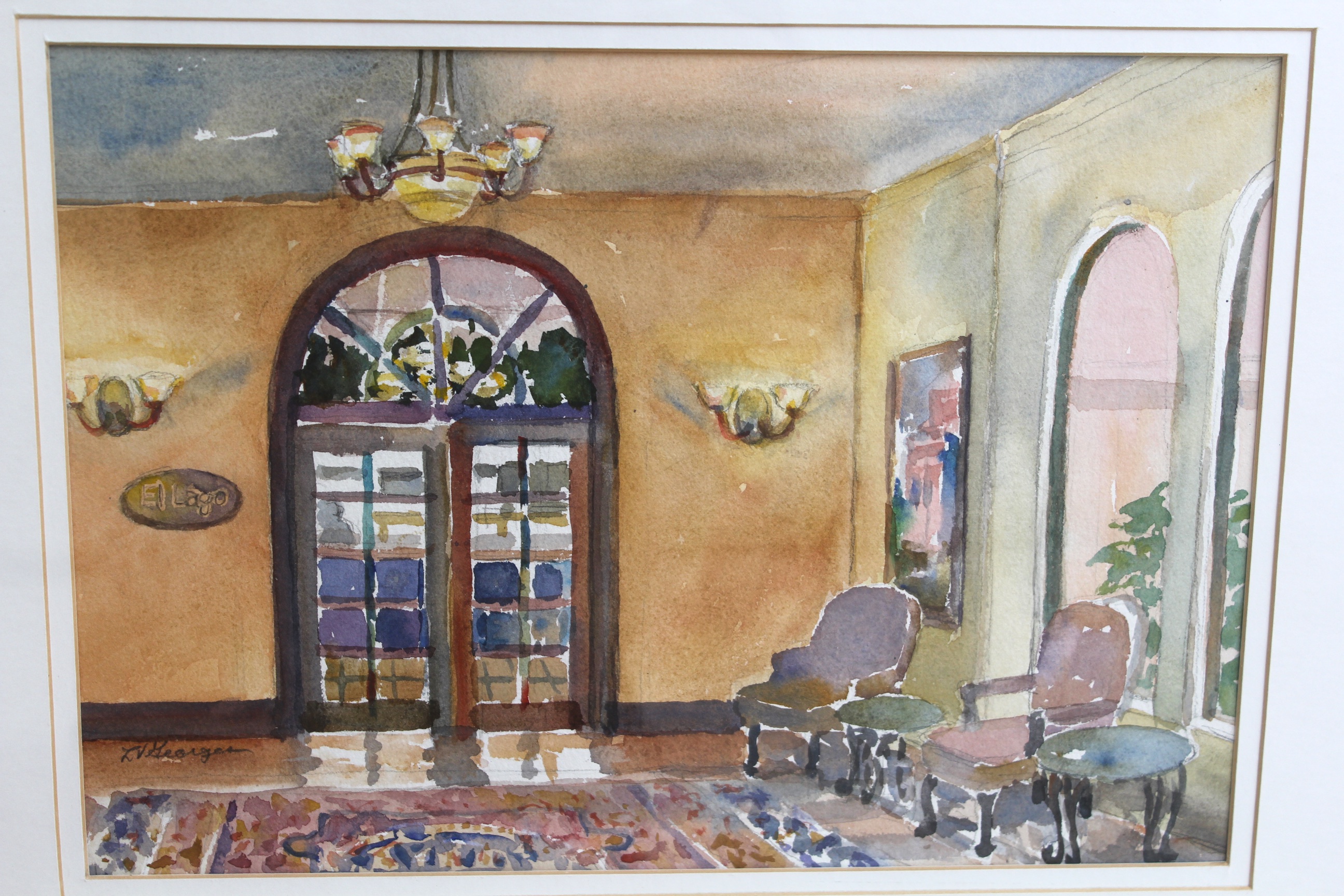 Framed Original Gouache of Parlor by L.V. Georges