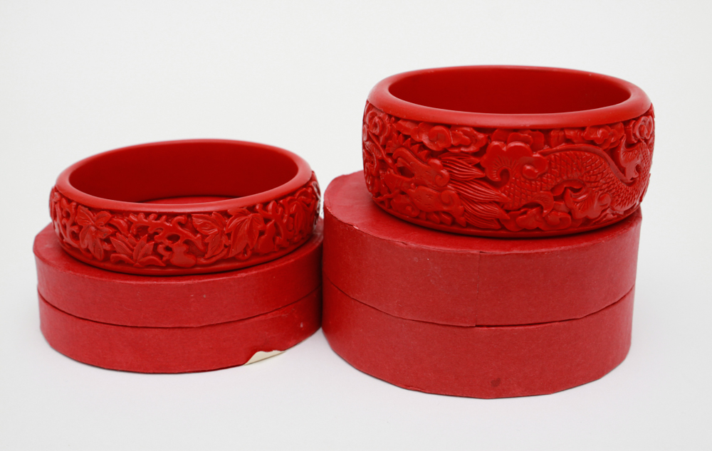 Chinese Cinnabar Lacquer Bangle Bracelets in Boxes