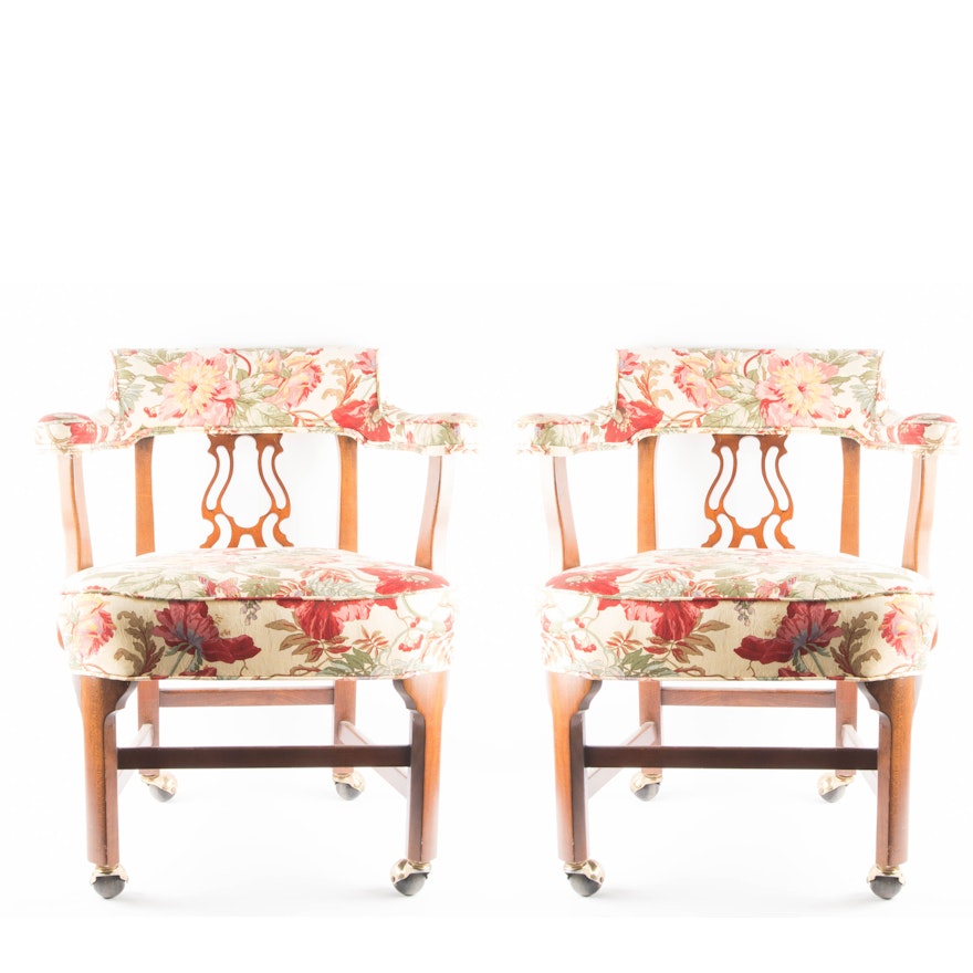 Pair of Floral Upholstered Rolling Desk Chairs