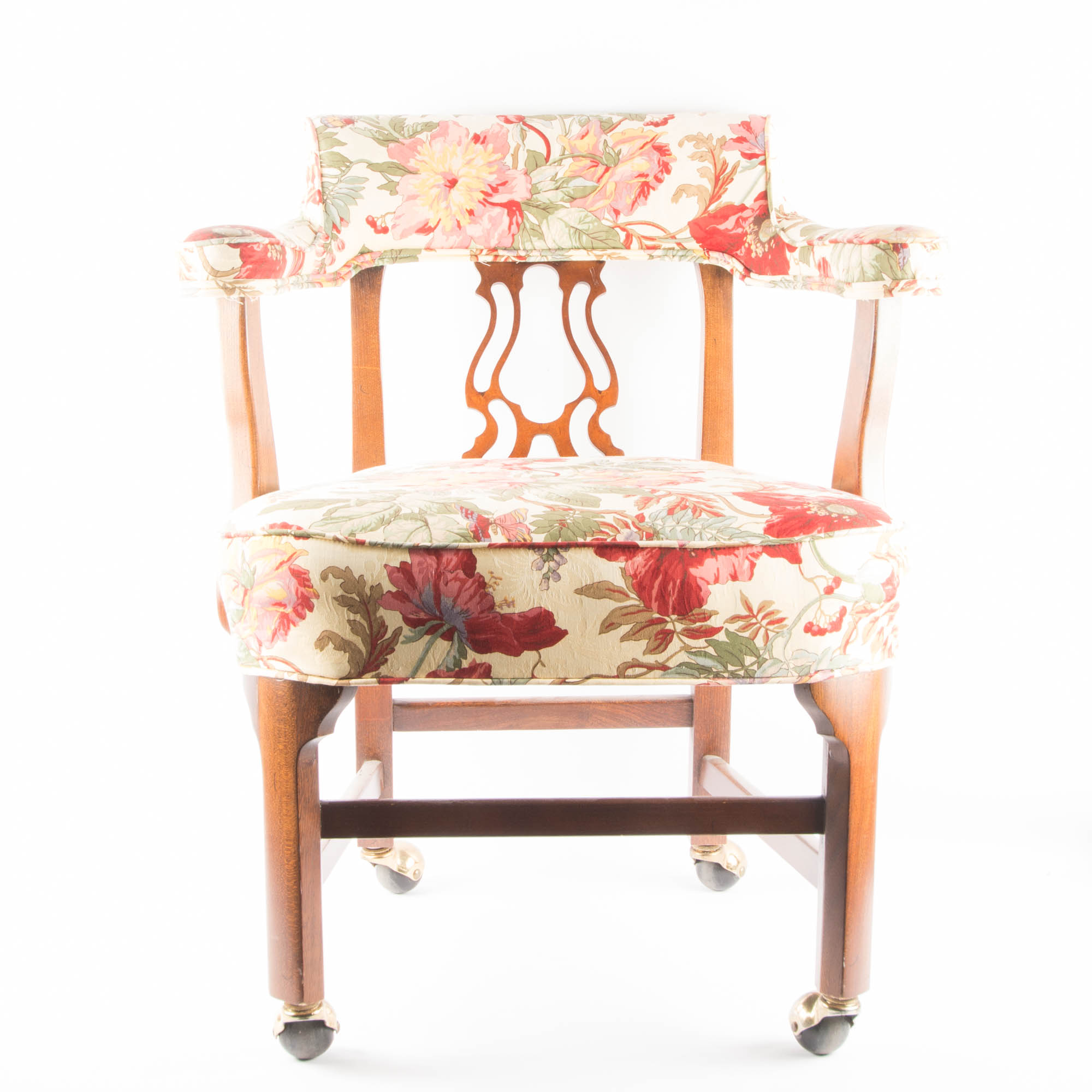 Pair of Floral Upholstered Rolling Desk Chairs