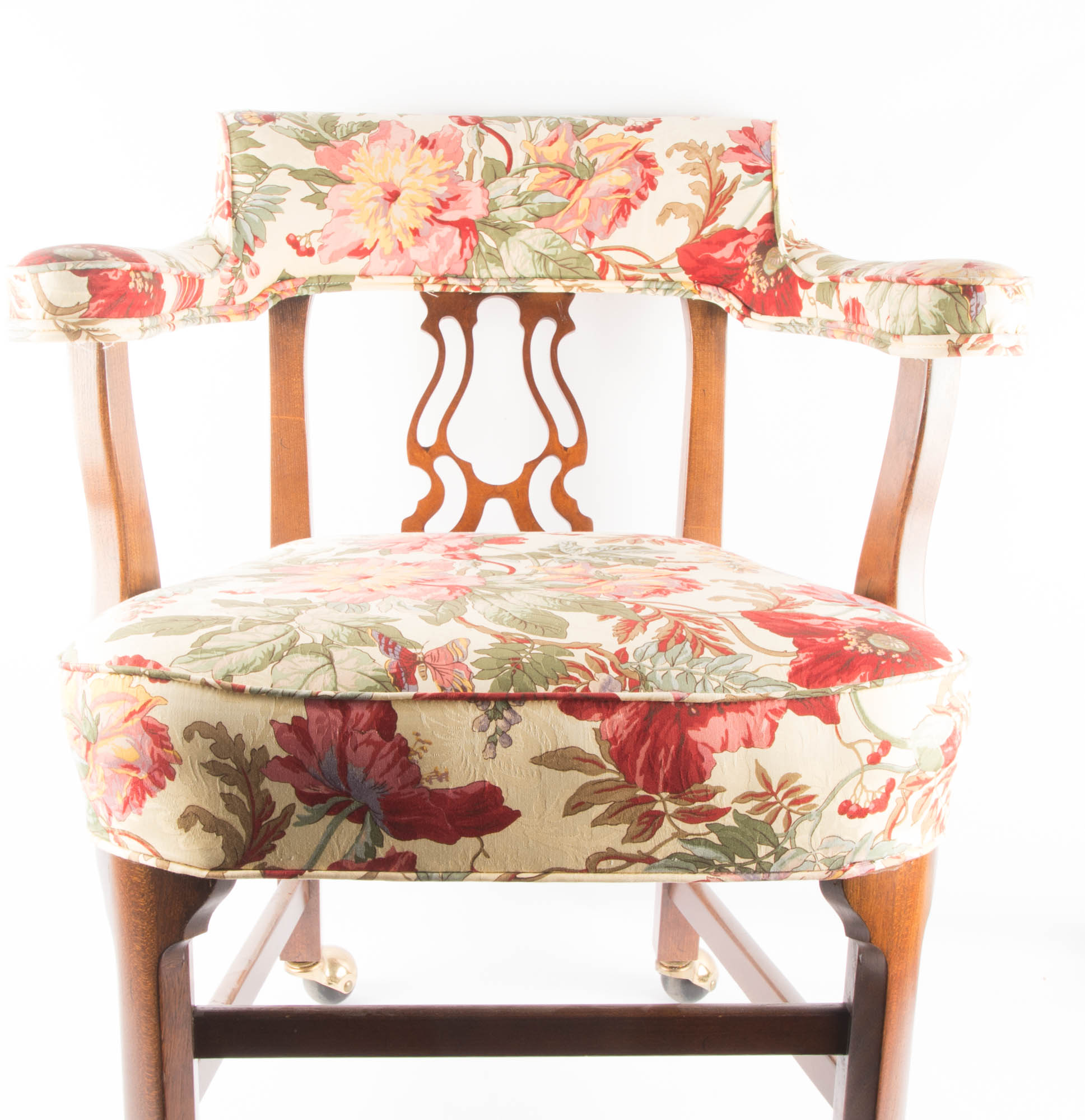 Pair of Floral Upholstered Rolling Desk Chairs
