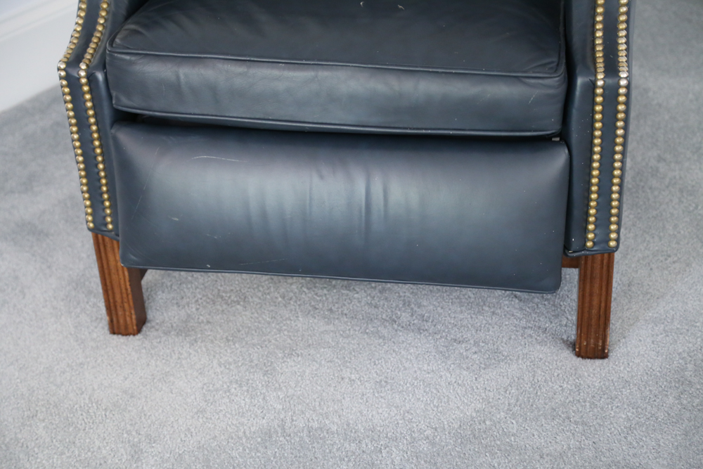 Navy Leather Wingback Recliner with Nailhead Trim