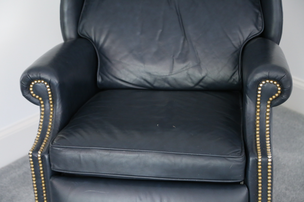 Navy Leather Wingback Recliner with Nailhead Trim