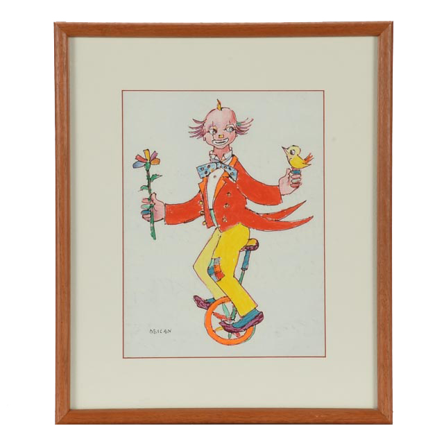 Jovan Obican Original Mixed Media on Paper of a Clown