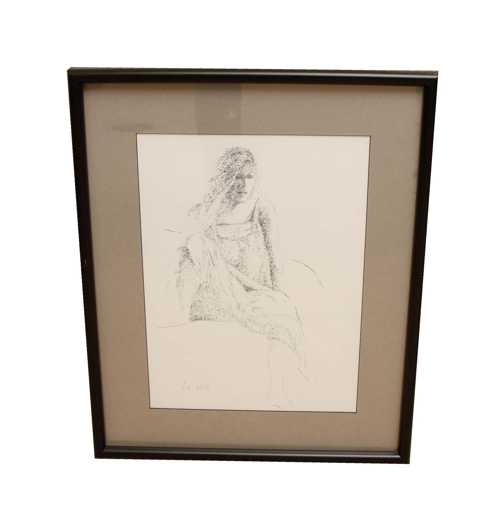 Framed Original Drawings of a Woman by A.W. White