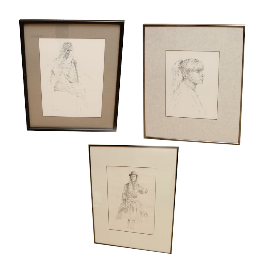 Framed Original Drawings of a Woman by A.W. White