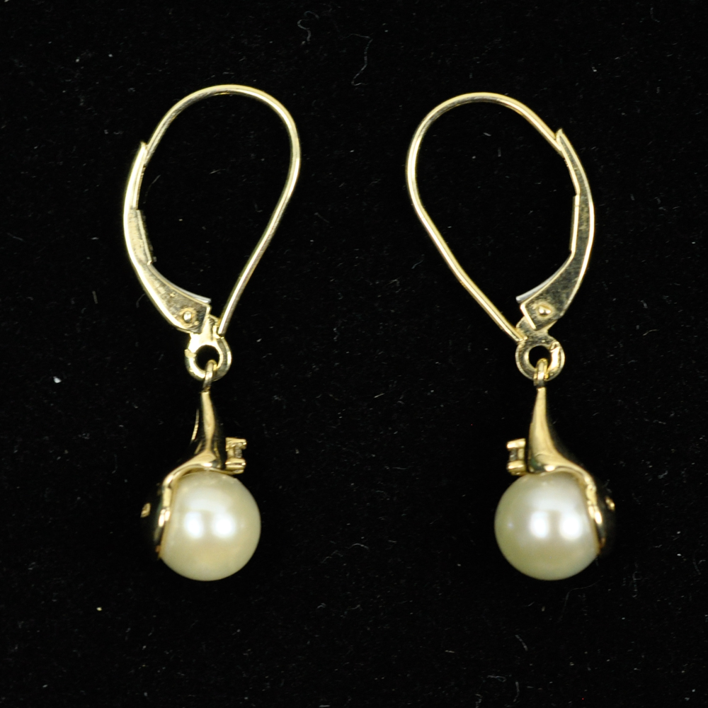 14K Gold Pearl and Diamond Earrings