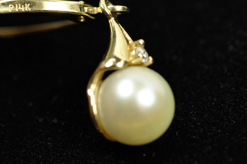 14K Gold Pearl and Diamond Earrings
