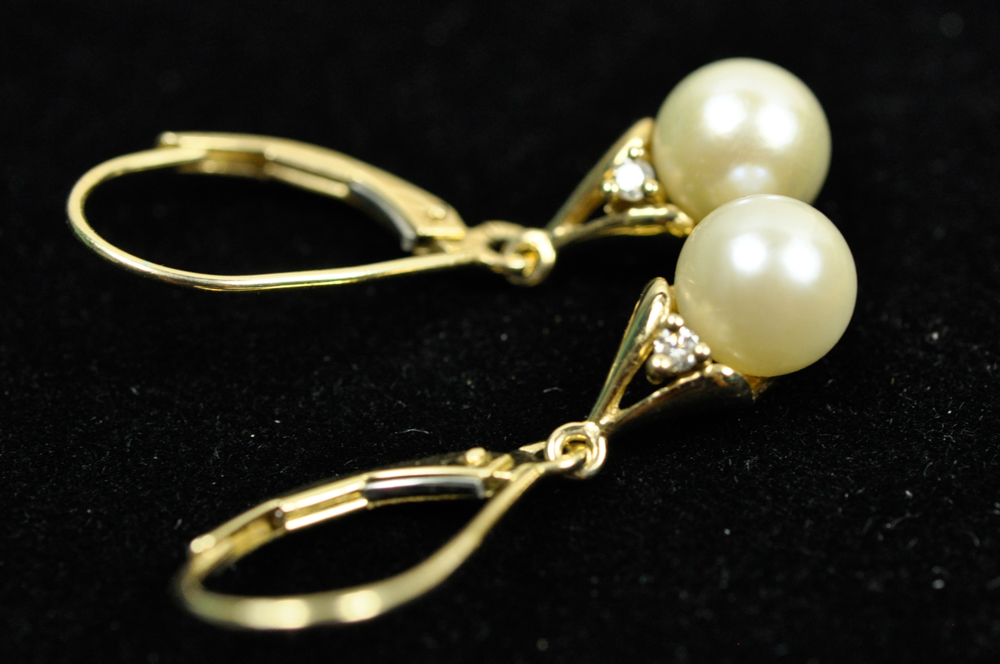 14K Gold Pearl and Diamond Earrings