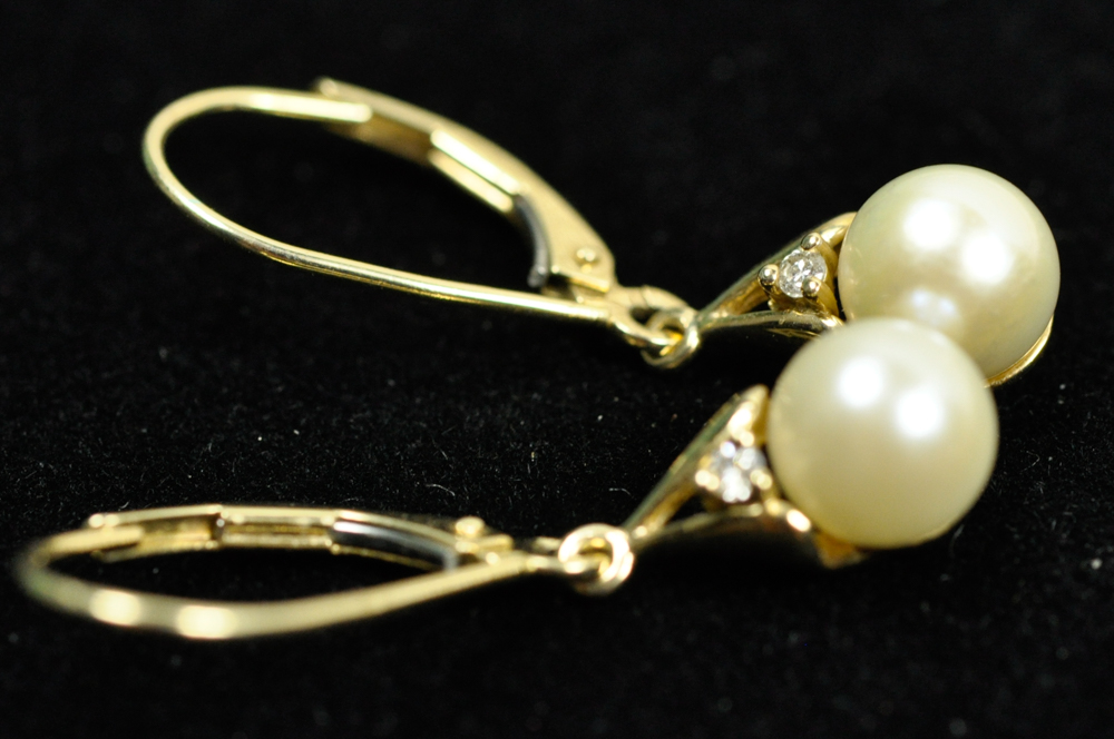 14K Gold Pearl and Diamond Earrings