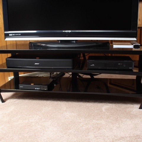 Three-Tier Smokey Glass and Black Steel Entertainment Stand