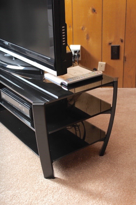 Three-Tier Smokey Glass and Black Steel Entertainment Stand