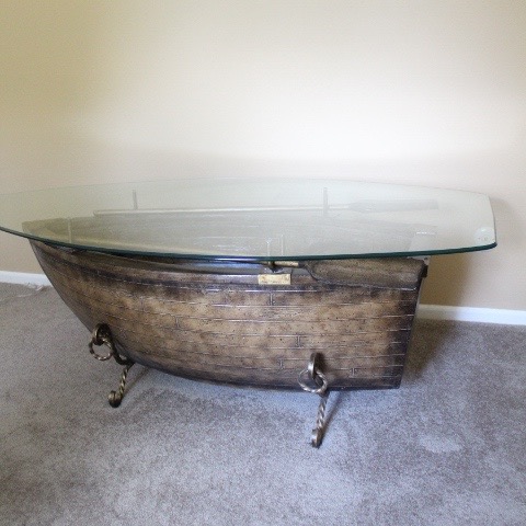 Glass Top Rowboat Table with Wrought Iron Base