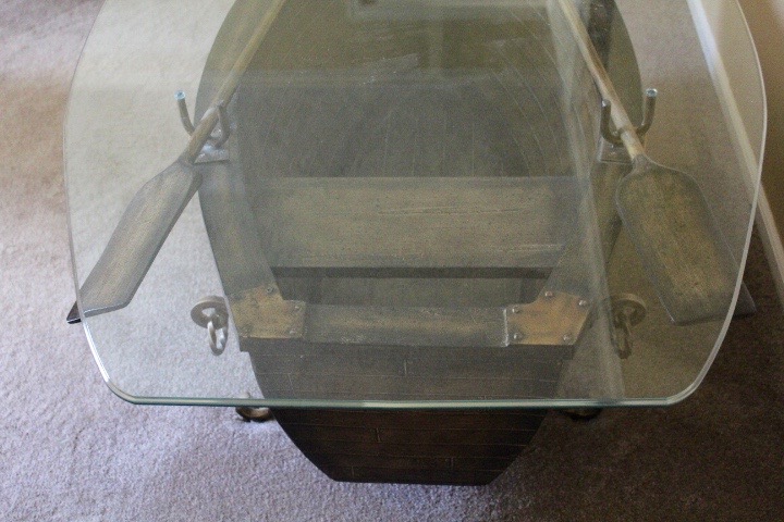 Glass Top Rowboat Table with Wrought Iron Base