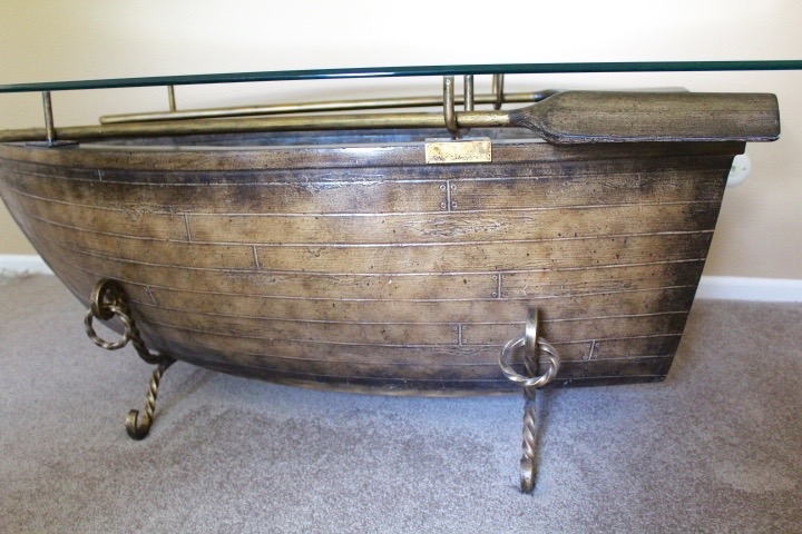Glass Top Rowboat Table with Wrought Iron Base