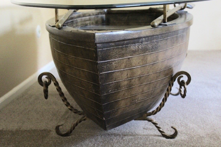 Glass Top Rowboat Table with Wrought Iron Base
