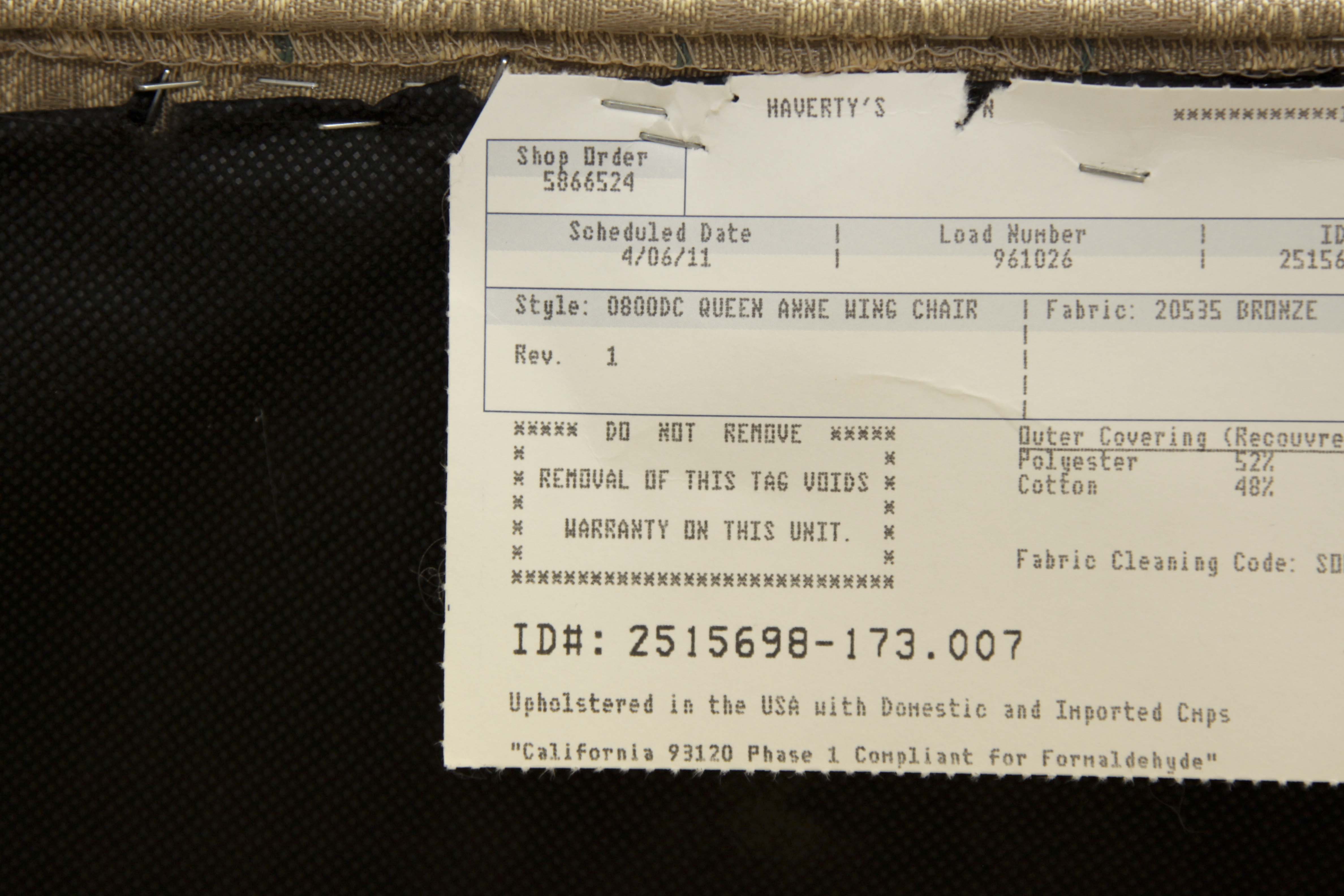 Havertys Queen Anne Style Wingback Chair