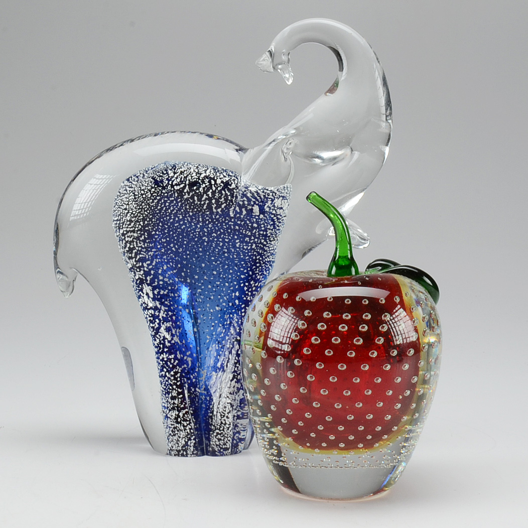 Art Glass Apple and Elephant Paperweights