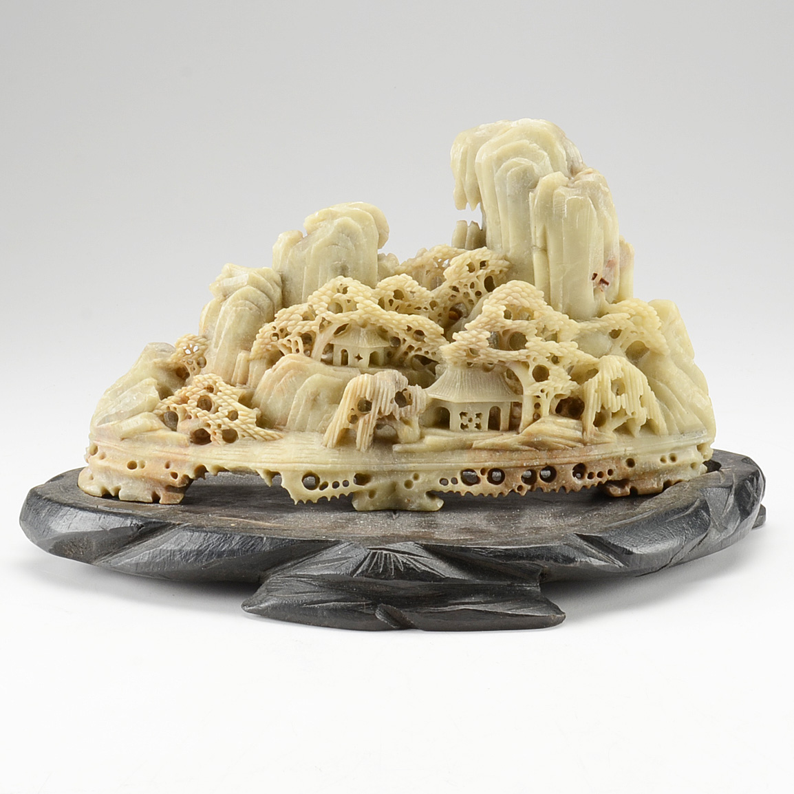 Chinese Carved Soapstone of Mountain Village on Stand