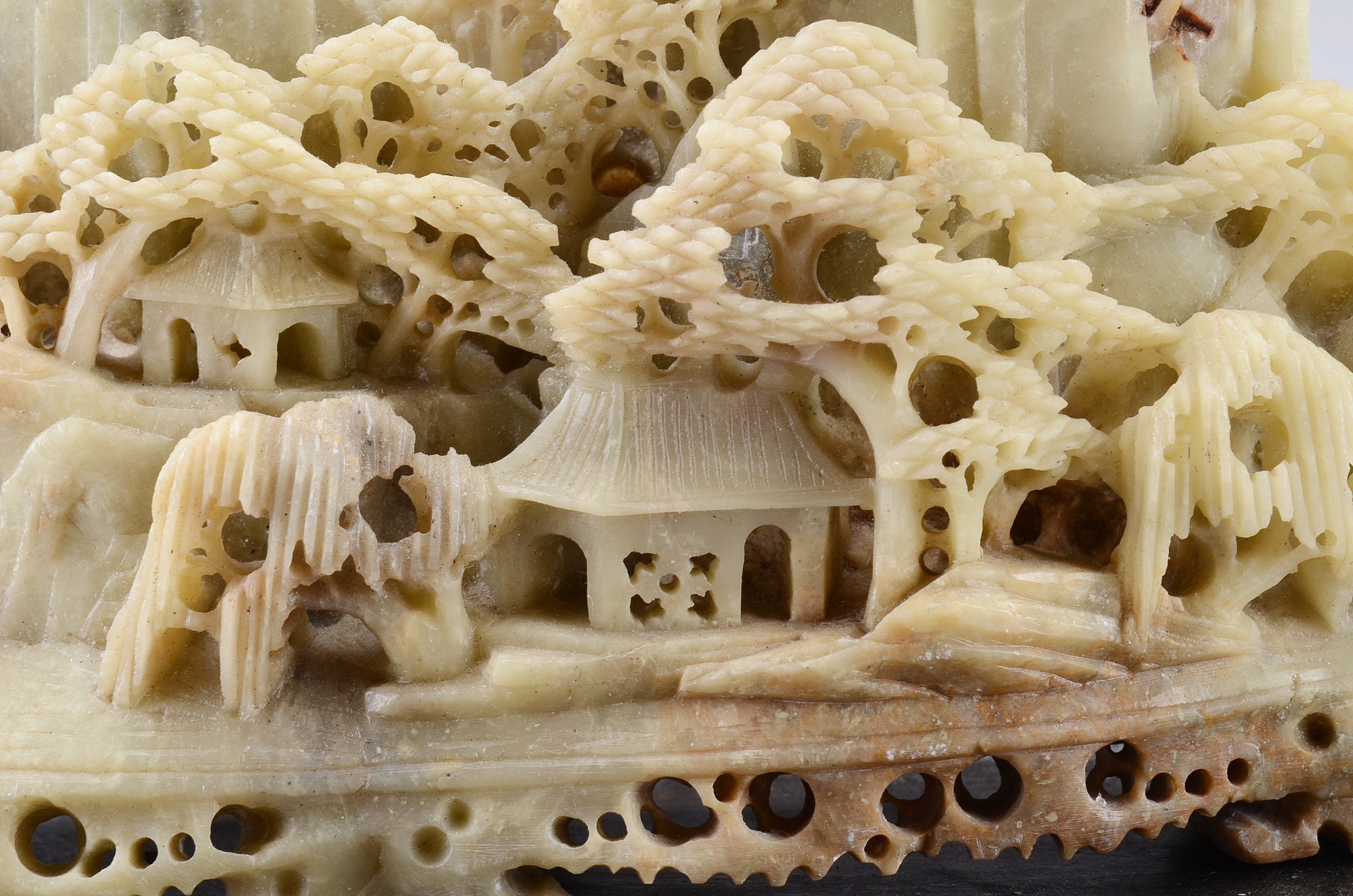 Chinese Carved Soapstone of Mountain Village on Stand