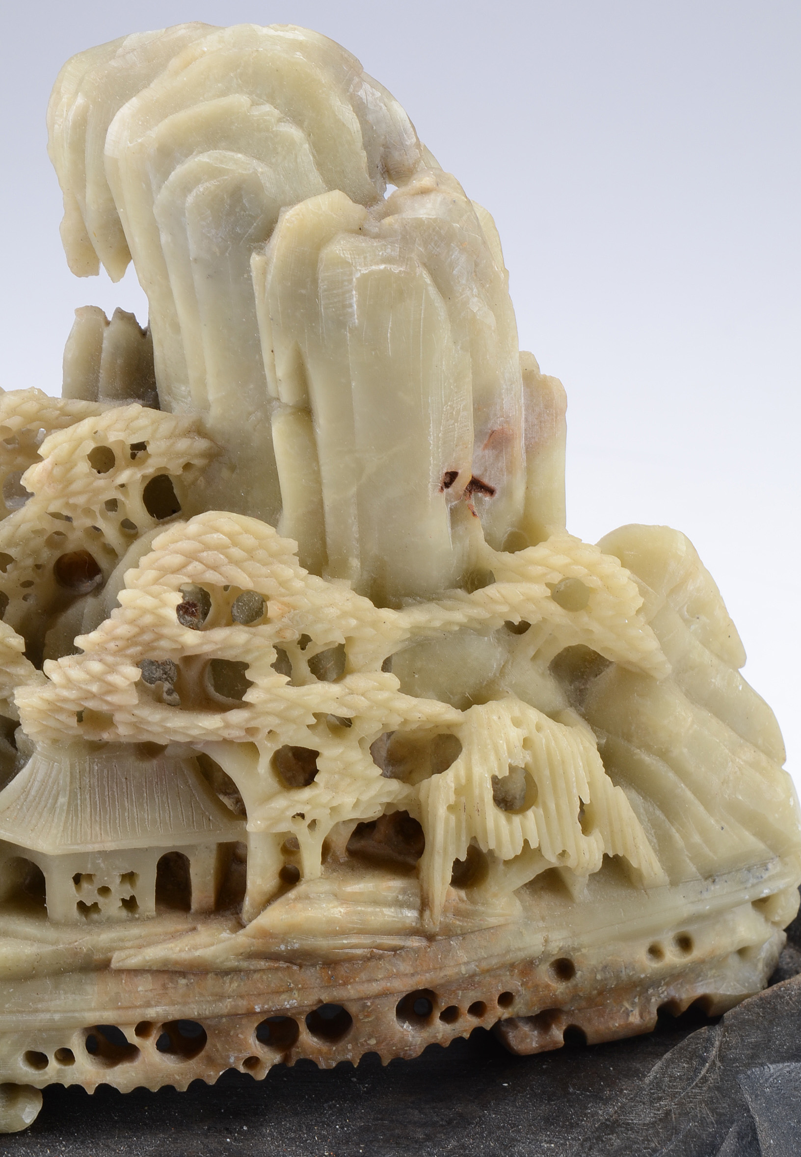Chinese Carved Soapstone of Mountain Village on Stand