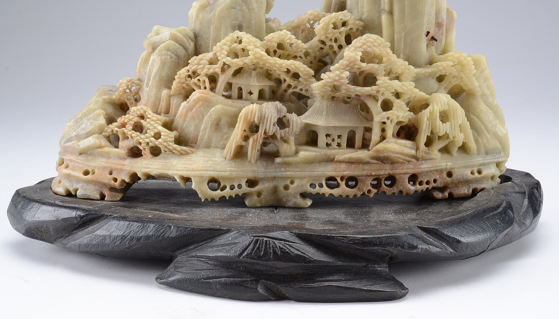 Chinese Carved Soapstone of Mountain Village on Stand