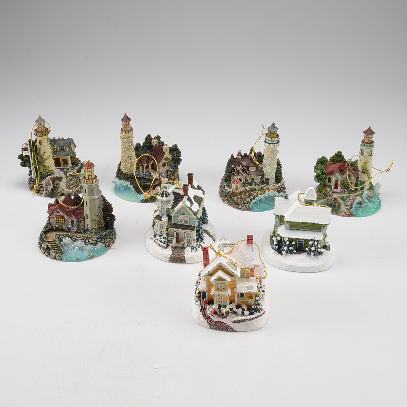 Set of Eight Thomas Kinkade Illuminated Ornament Collection