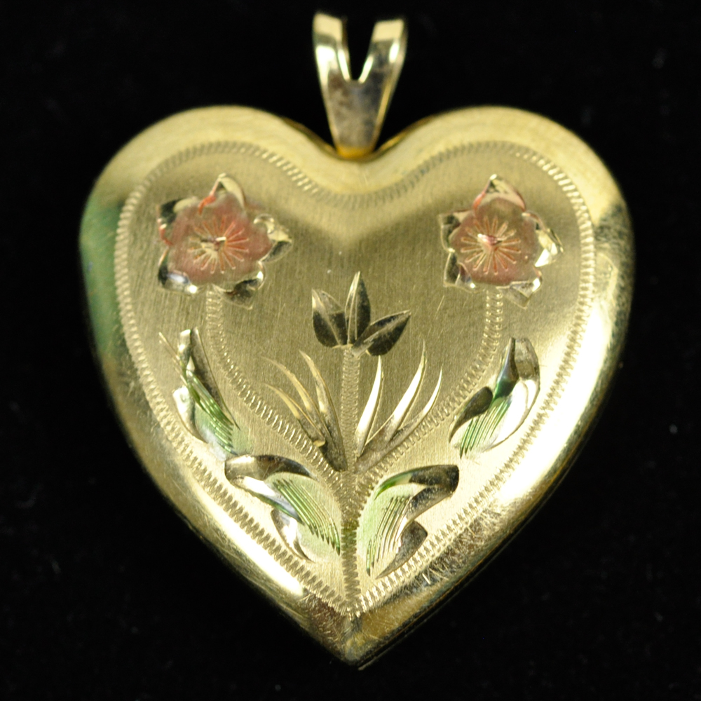 Gold Filled Heart Locket with Etched Floral Detail