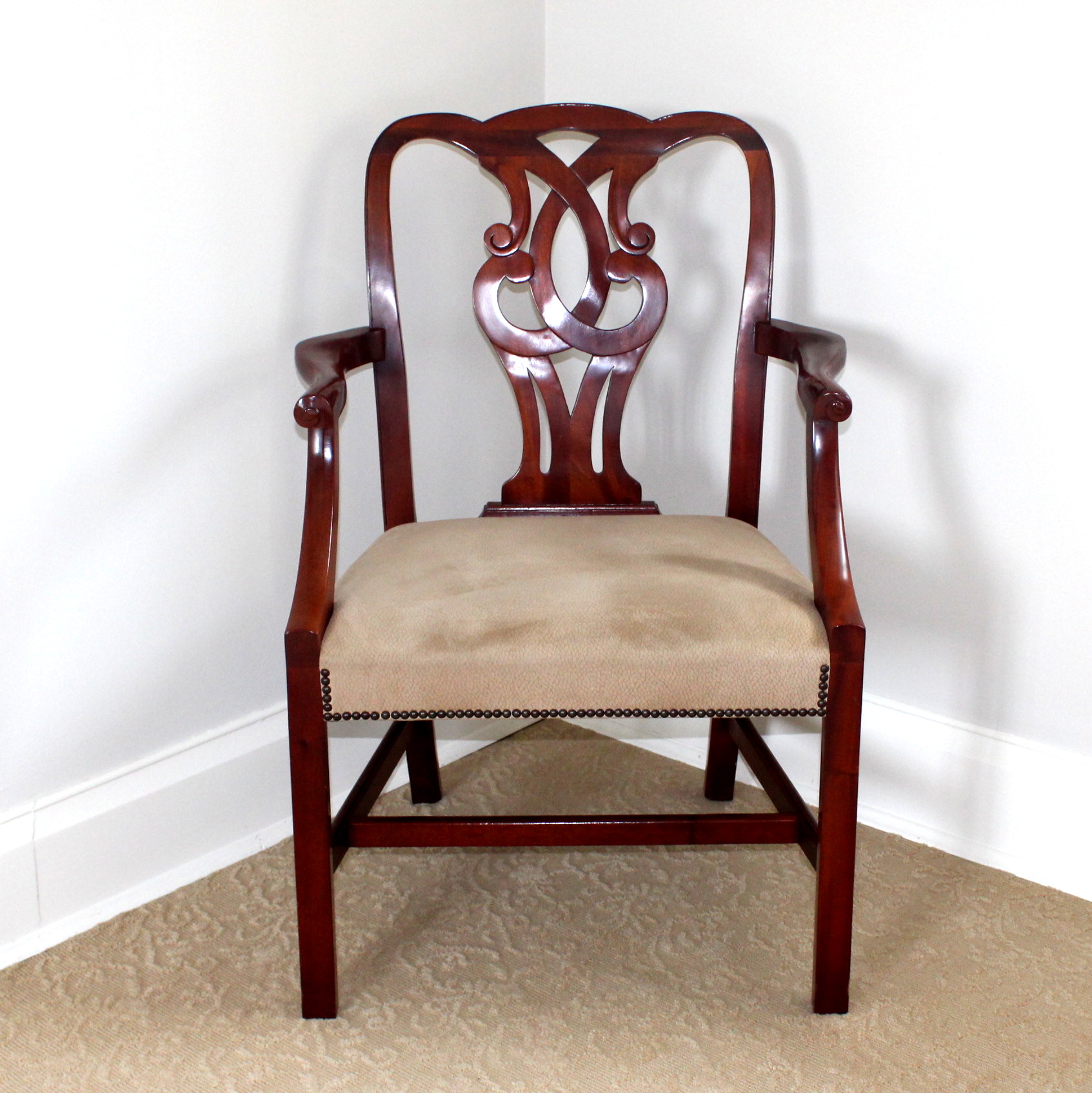 Chippendale Style Cherry Armchair With Ultrasuede Seat
