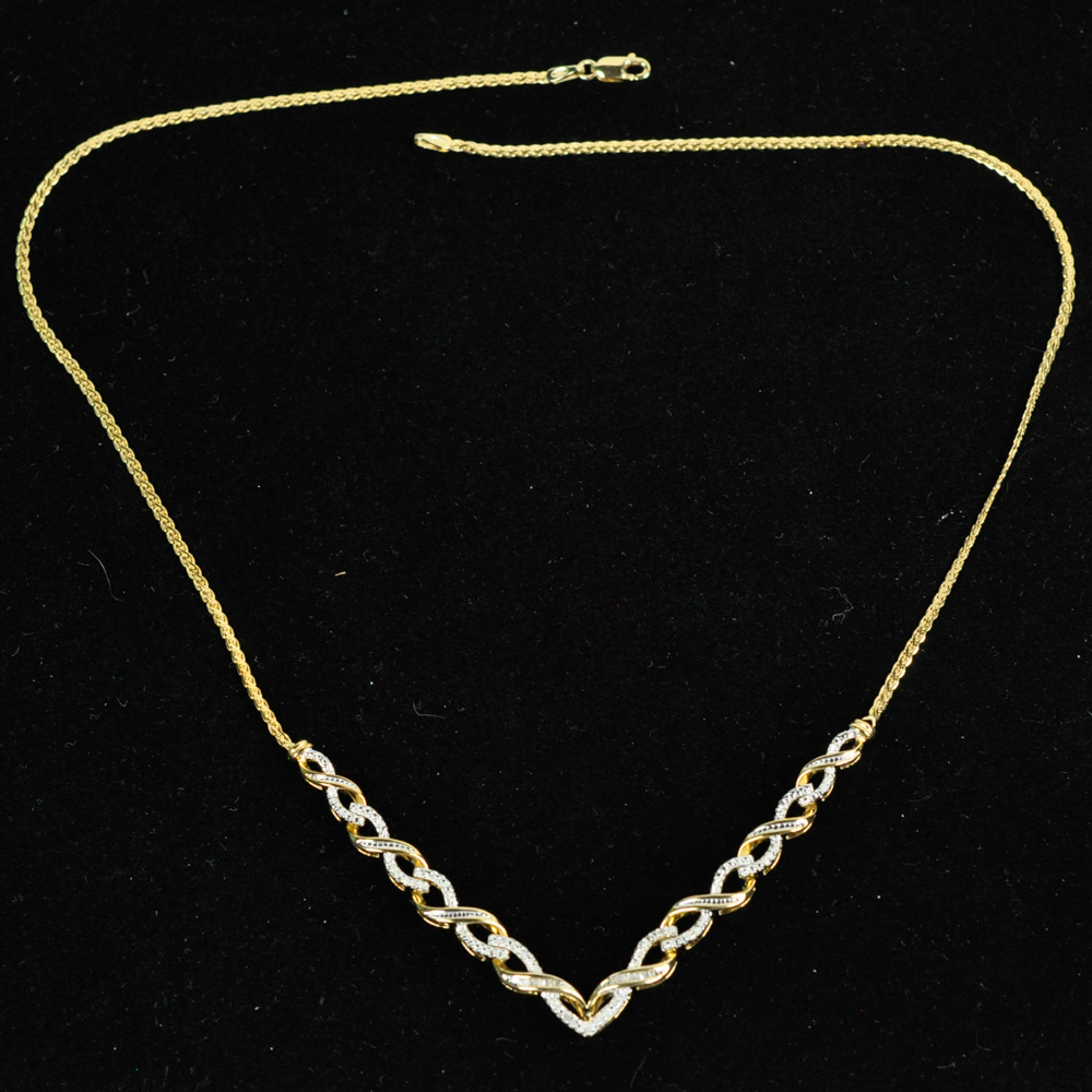 Vermeil and Diamond Chevron Plaited Chain Necklace