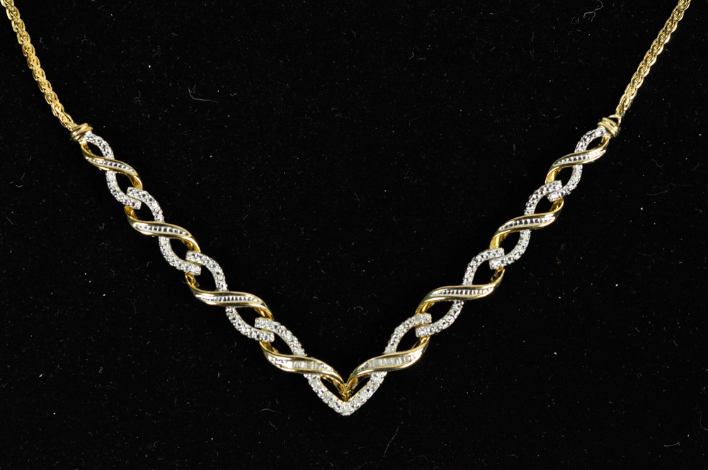 Vermeil and Diamond Chevron Plaited Chain Necklace