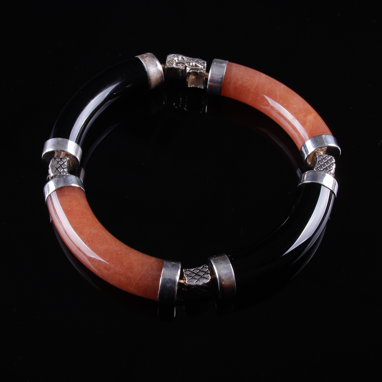 Sterling Silver Orange and Black Jade Bracelet