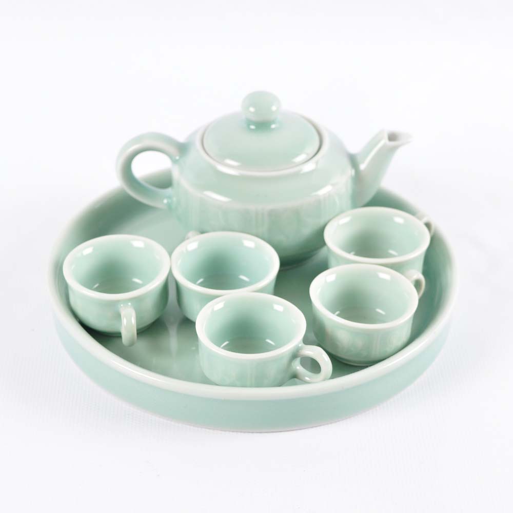 Teal Colored Tea Set on Tray