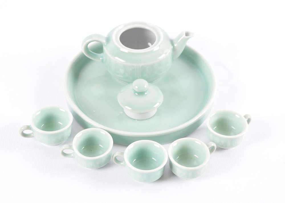 Teal Colored Tea Set on Tray
