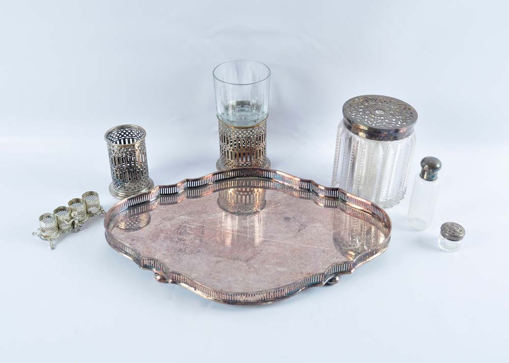 Silver Plate Vanity Items on Tray